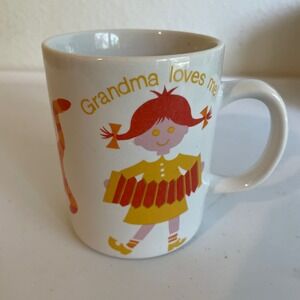 Vtg 1969 Ceramic Mug Grandma Loves Me HH Holt Howard Girl Cat Duck White Orange